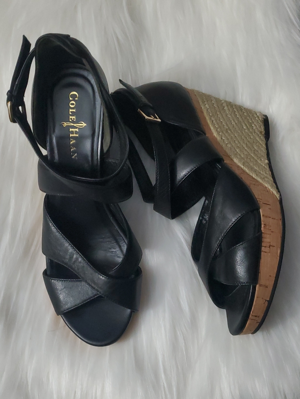 Cole Haan Black Leather Marisa Cork Jute Wedges With Nike Air Technology Sz 7.5M